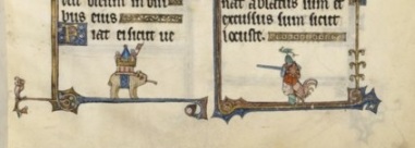 Drôlerie dans un manuscrit de la Bibliothèque Nationale montrant un chevalier affrontant un éléphant avec un château sur le dos