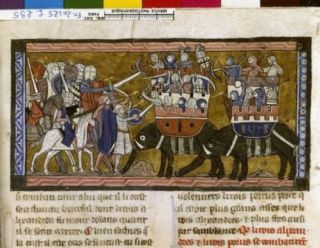 Manuscrit Bibliothèque Nationale de France les soldats de Pyrrhus montés sur des éléphants ont l'avantage sur l'armée d'Alexandre