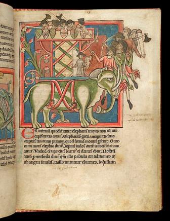 Une tour habitée de soldats sur le dos d'un éléphant combat des soldats au sol. Manuscrit de la British Library de Londres.