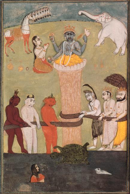 Cette miniature de l'école de rapjut illustre le célèbre mythe indien du barratage de la mer de lait.