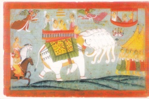 Cette miniature présente le dieu Indra sur sa monture l'éléphant blanc, Airavata