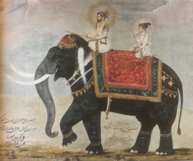 Cette miniature monghole représente le roi Shah Jahan et son fils sur le dos d'un éléphant